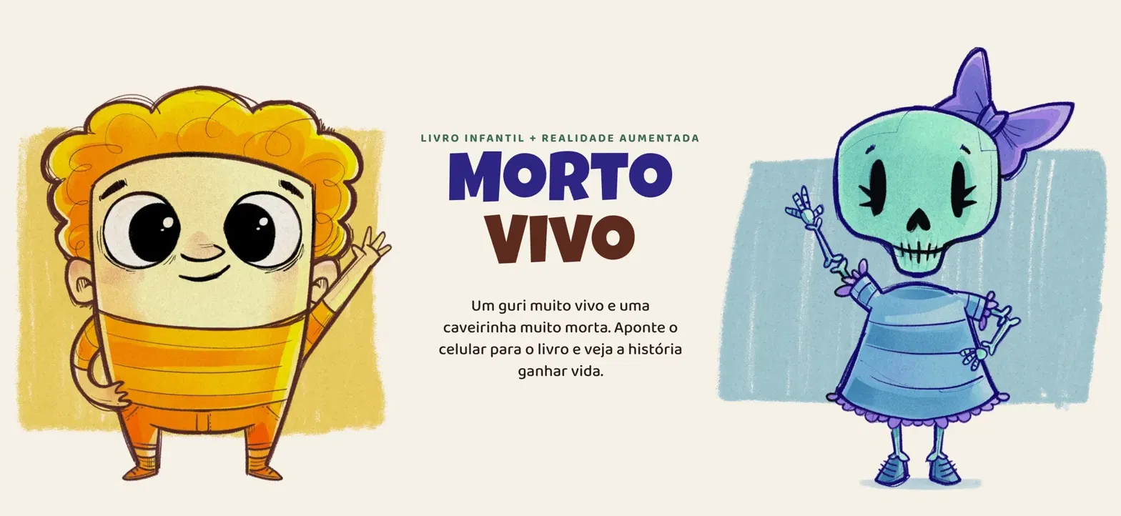 Ilustração do guri muito vivo e da caveirinha muito morta, personagens do livro Morto Vivo